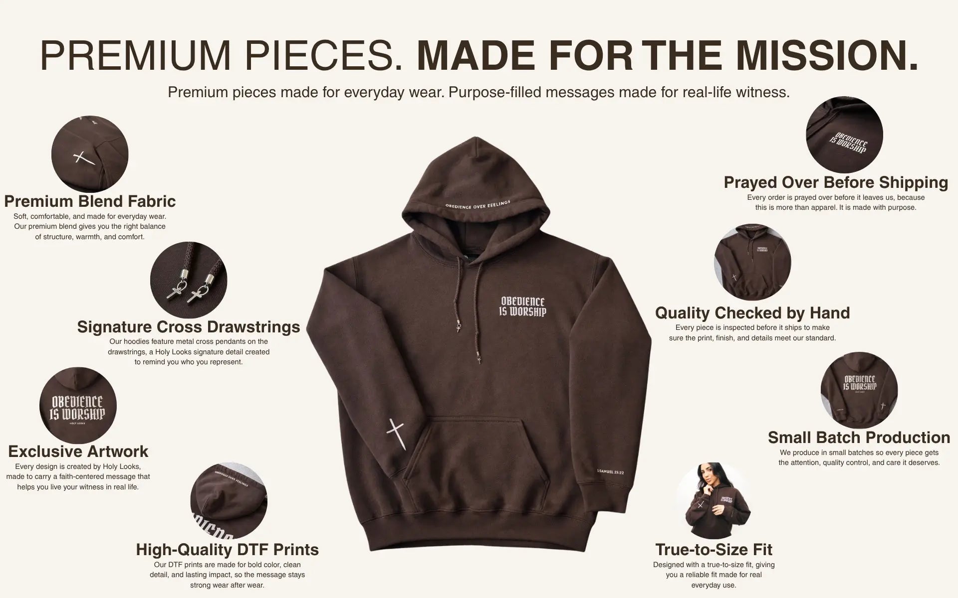 Brown hoodie with text detailing product features on a white background