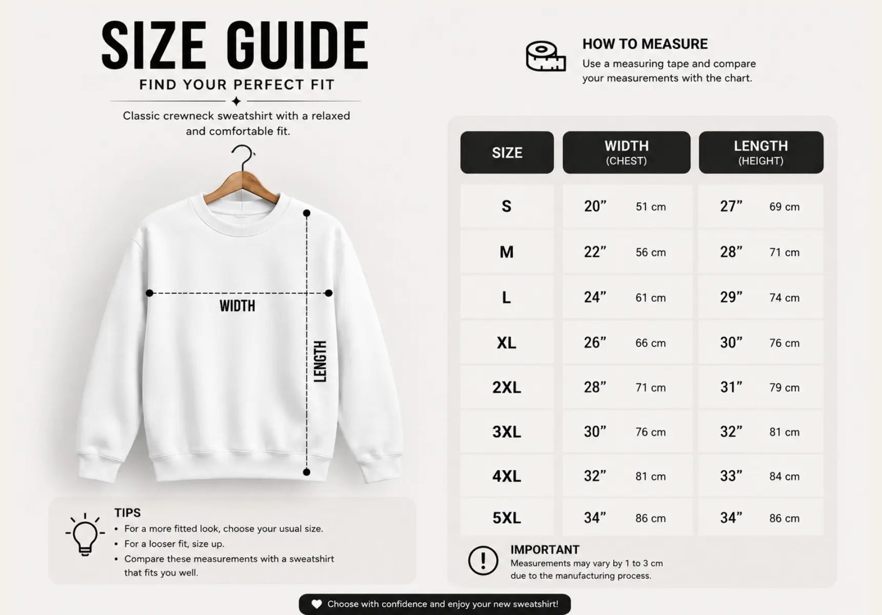 Size guide for a classic crewneck sweatshirt with measurements on a white background
