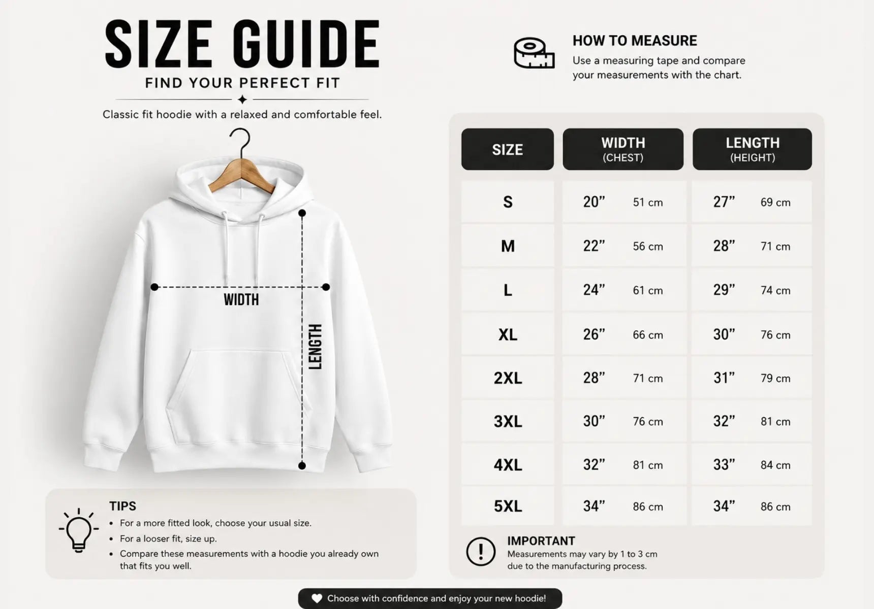Size guide for a hoodie with dimensions on a white background