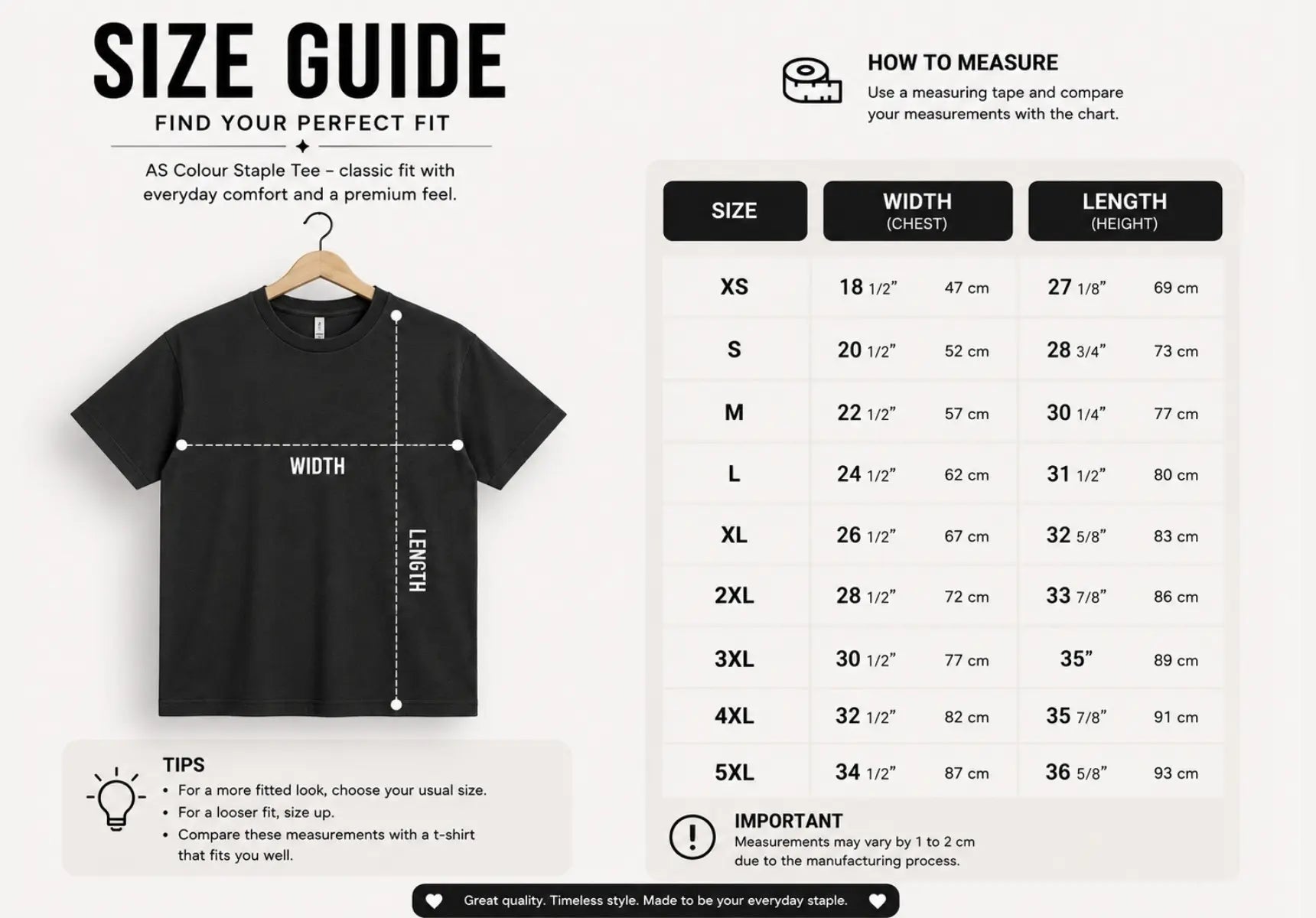 Black t-shirt with size chart on a white background