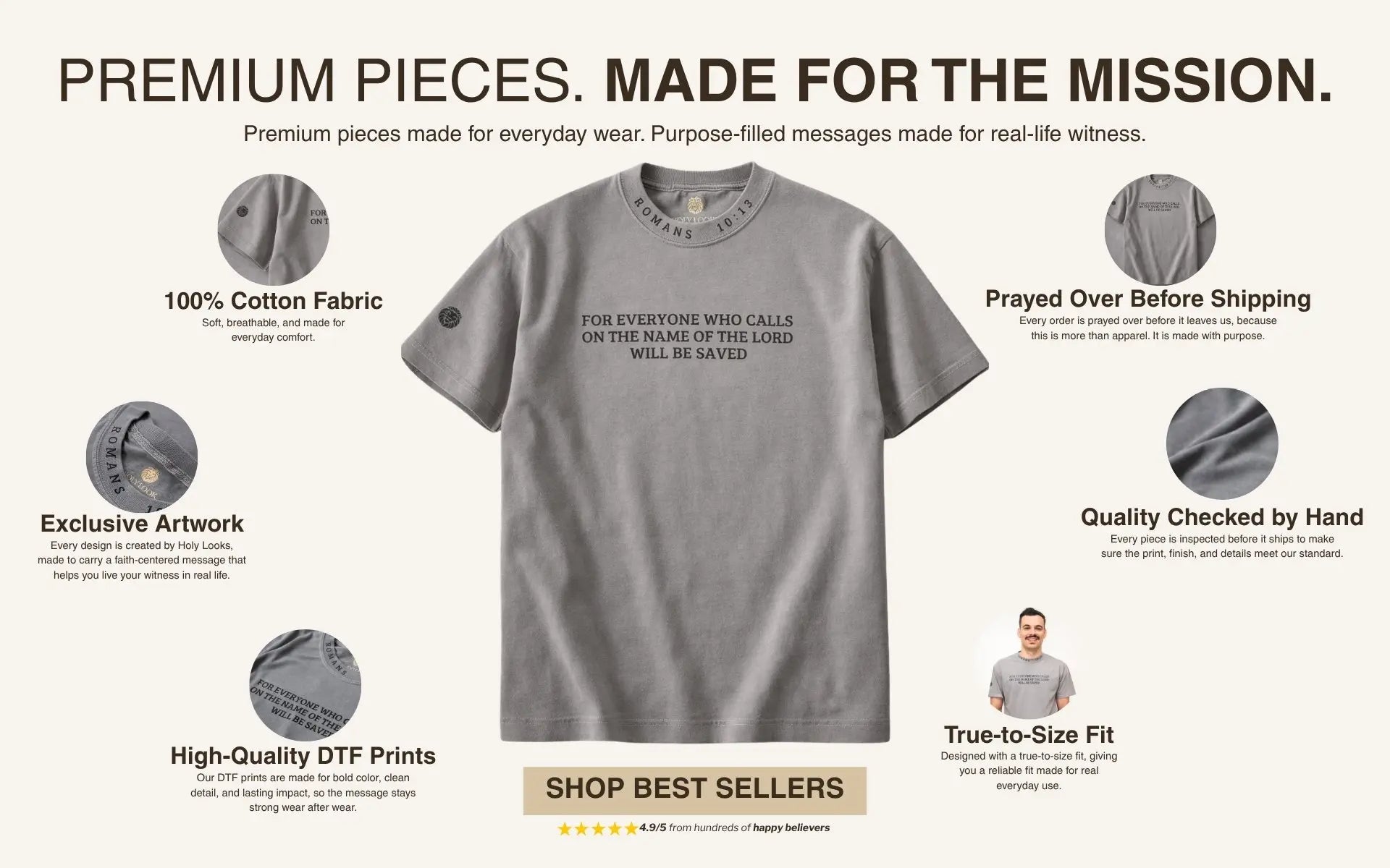 Gray t-shirt with text and promotional text about product features on a white background