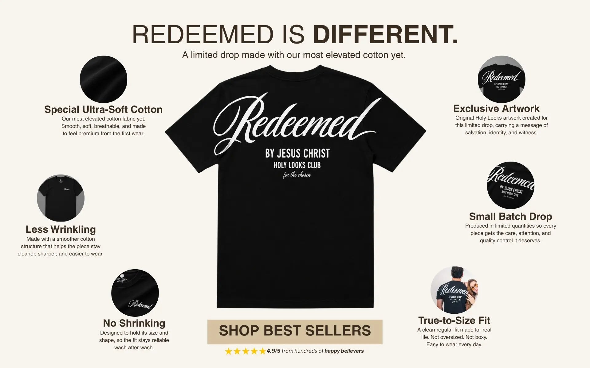 Black t-shirt with 'Redeemed' text on a white background with promotional text and graphics.