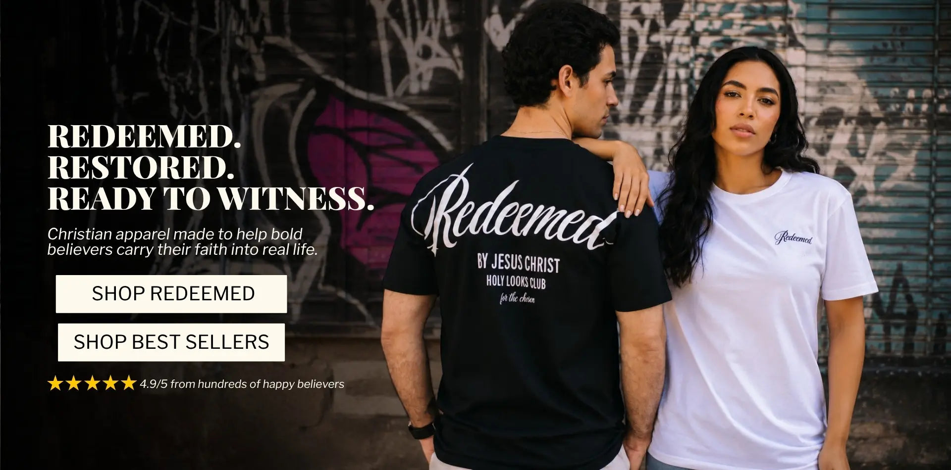 woman and men wearing a christian t-shirt redeemed