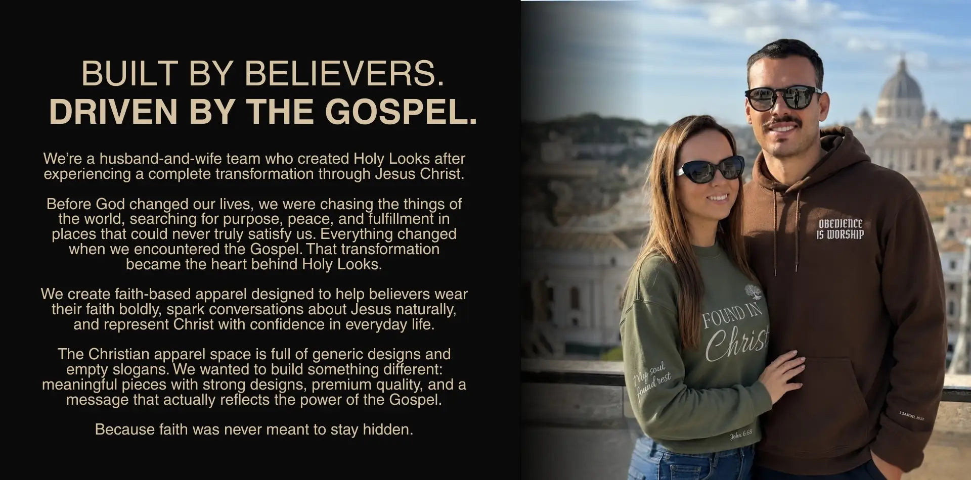Two people wearing hoodies with text 'Built by Believers. Driven by the Gospel.' in front of a cityscape.