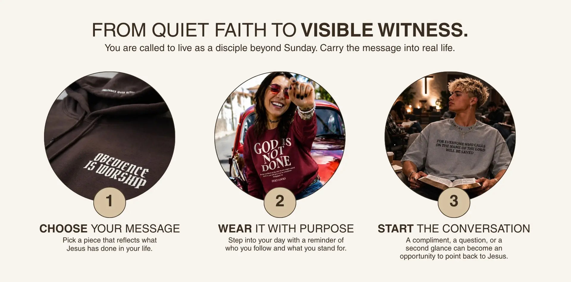 Three circular images with text and people, promoting a message of faith and discipleship.