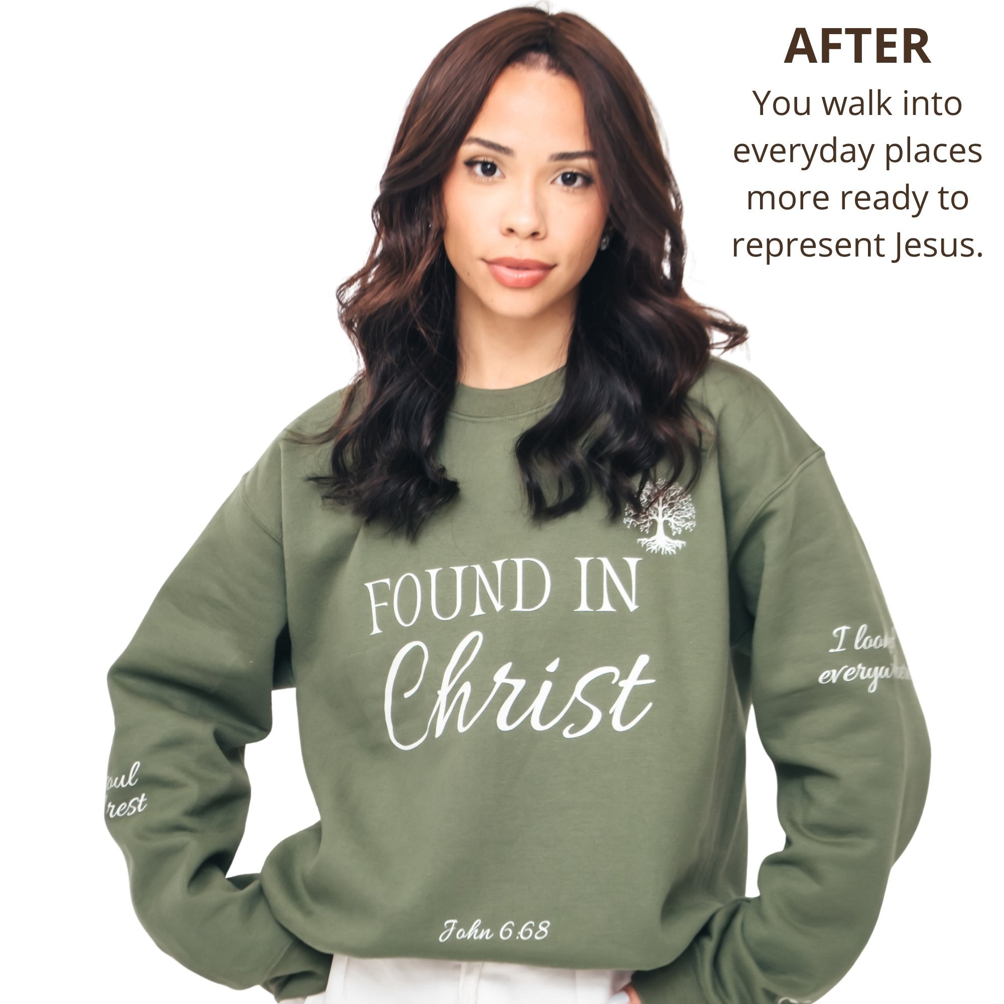 Woman wearing a green sweatshirt with text, standing against a white background.