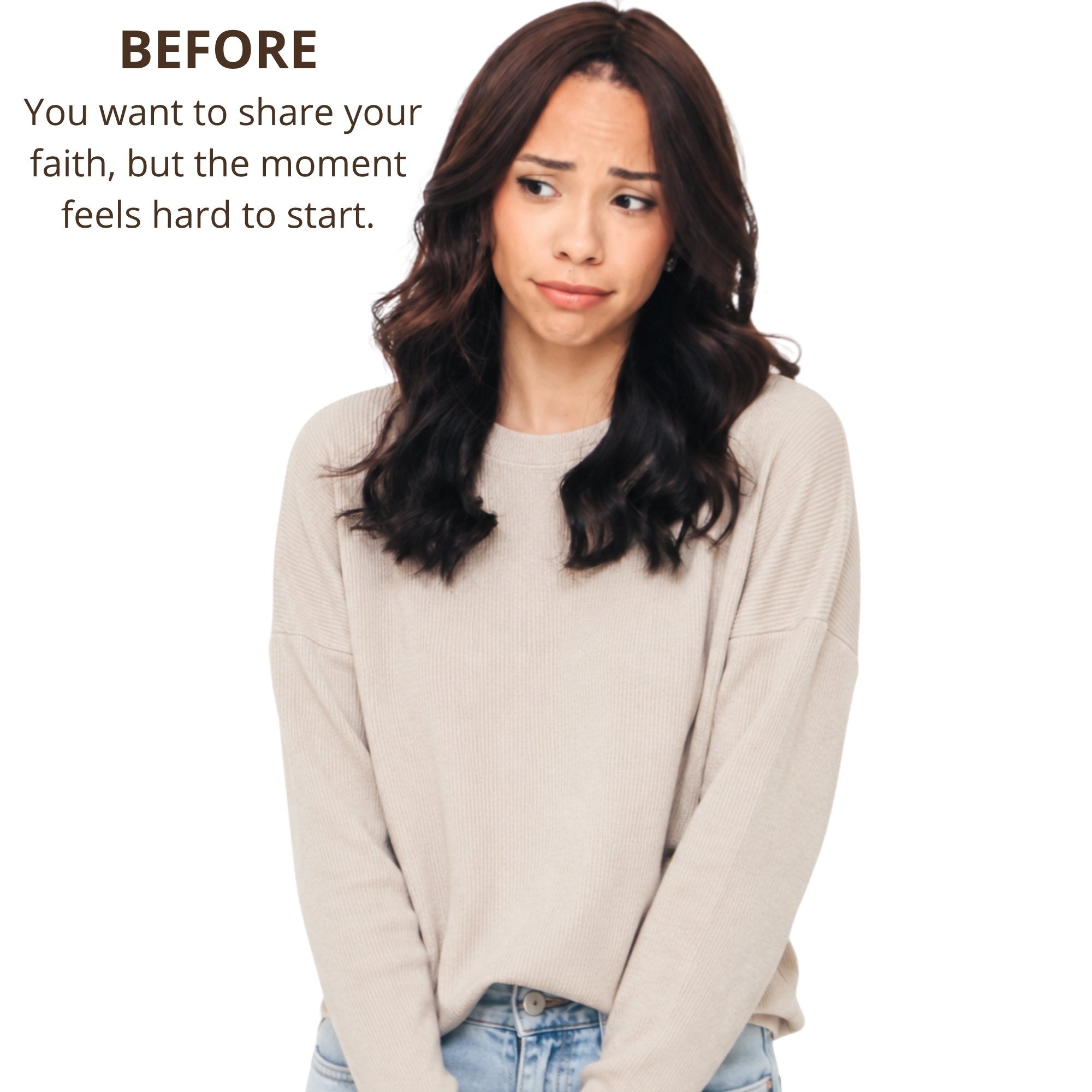 Woman wearing a beige sweater and blue jeans with text overlay on a white background