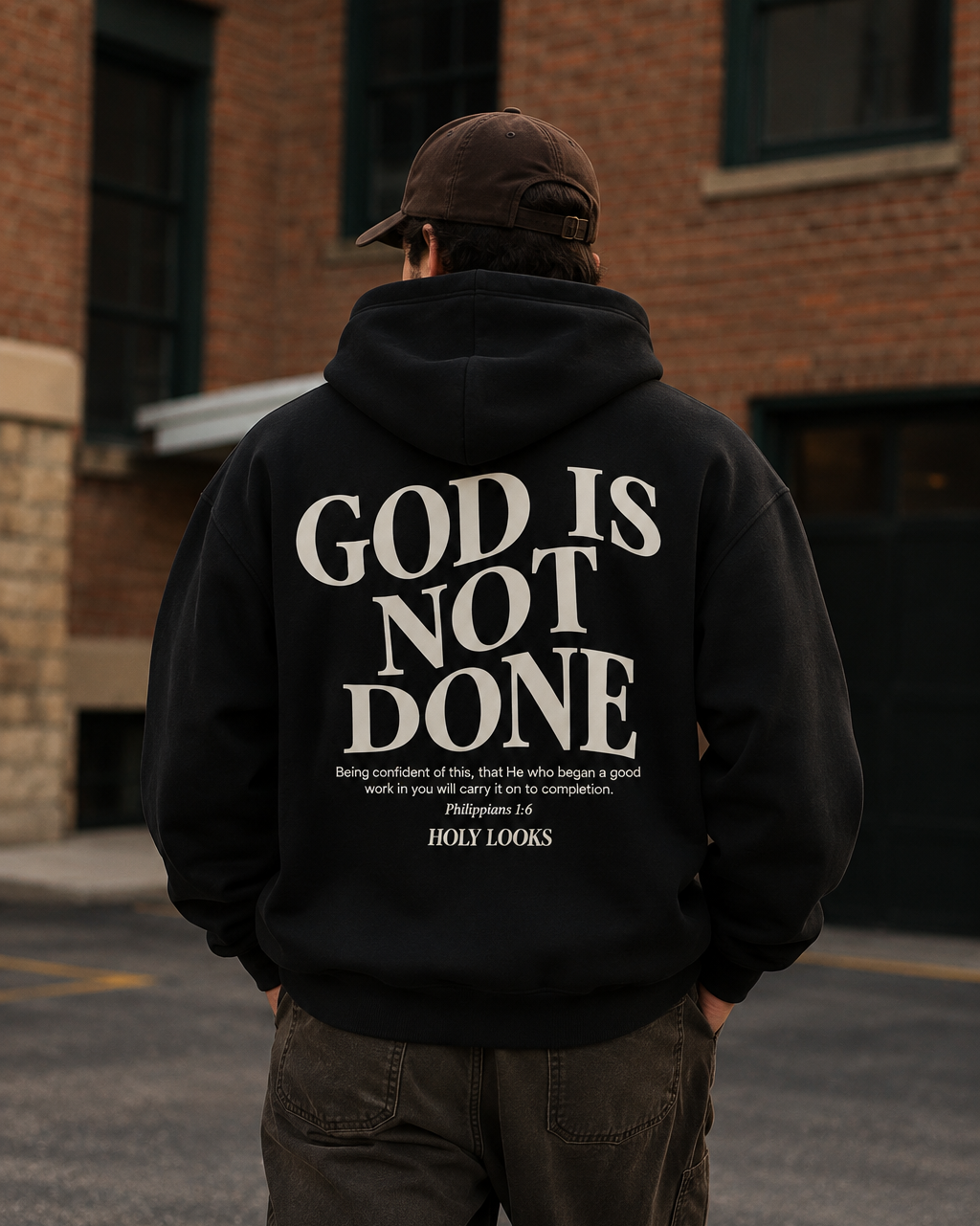 A man viewed from behind wearing a black hoodie with large white text reading 'GOD IS NOT DONE' and smaller text below, standing outdoors in front of a brick building.