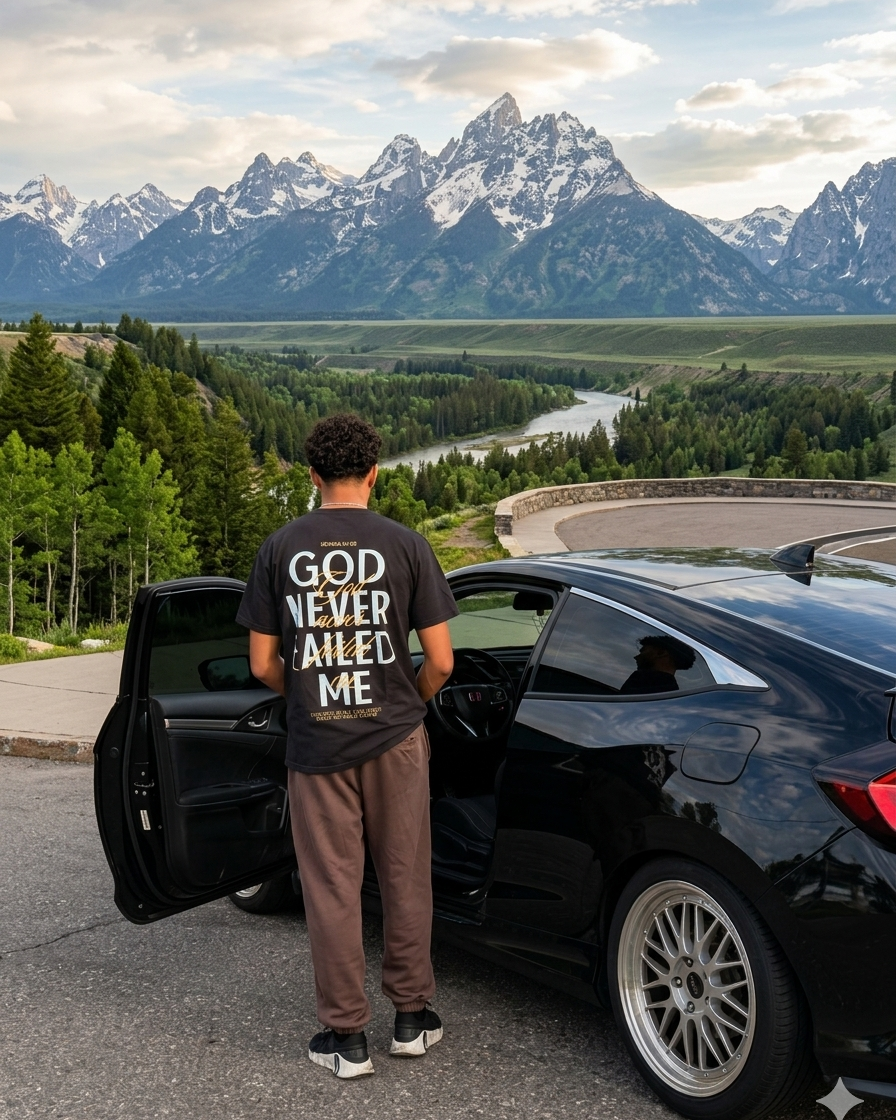 A man stands with his back to the camera next to an open door of a black Tesla car, wearing a black graphic t-shirt that reads 'GOD NEVER FAILED ME' in white text. The background features a stunning landscape of the Grand Tetons mountain range with a river flowing through a lush green valley.