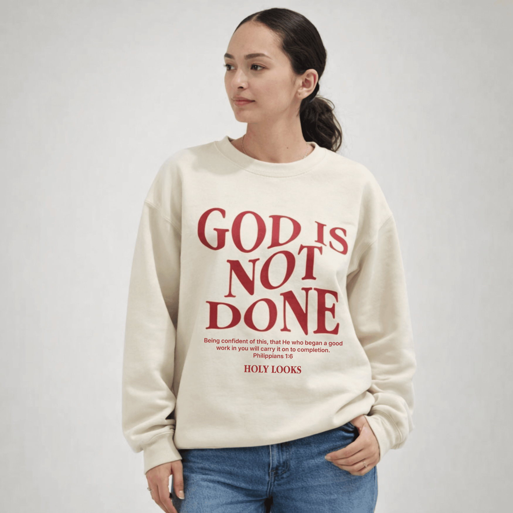 God Is Not Done Sweatshirt Sand - Holy Looks