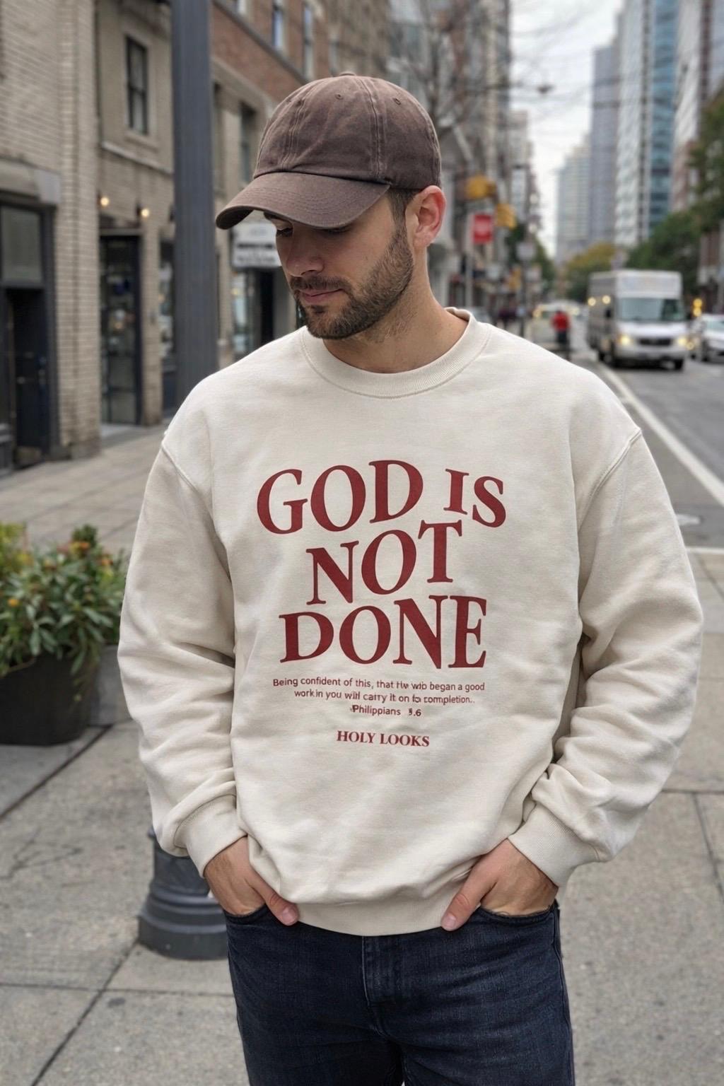 Man wearing a beige sweatshirt with 'GOD IS NOT DONE' text on a city street.