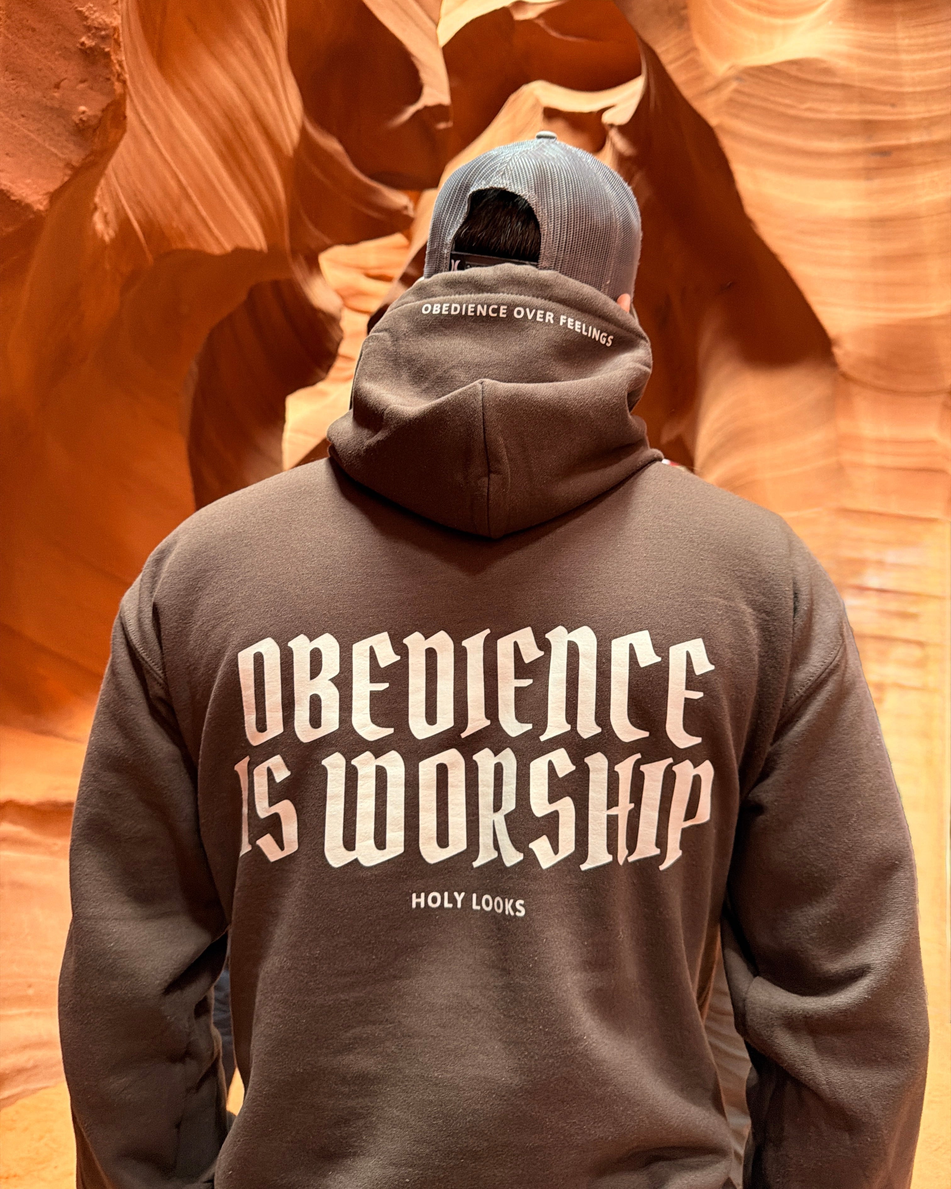 A person standing in a sandstone slot canyon, viewed from behind, wearing a brown hoodie with 'OBEDIENCE IS WORSHIP' printed in white across the back. The hoodie also has 'OBEDIENCE OVER FEELING' on the inside neck label and 'HOLY LOOKS' below the main text.